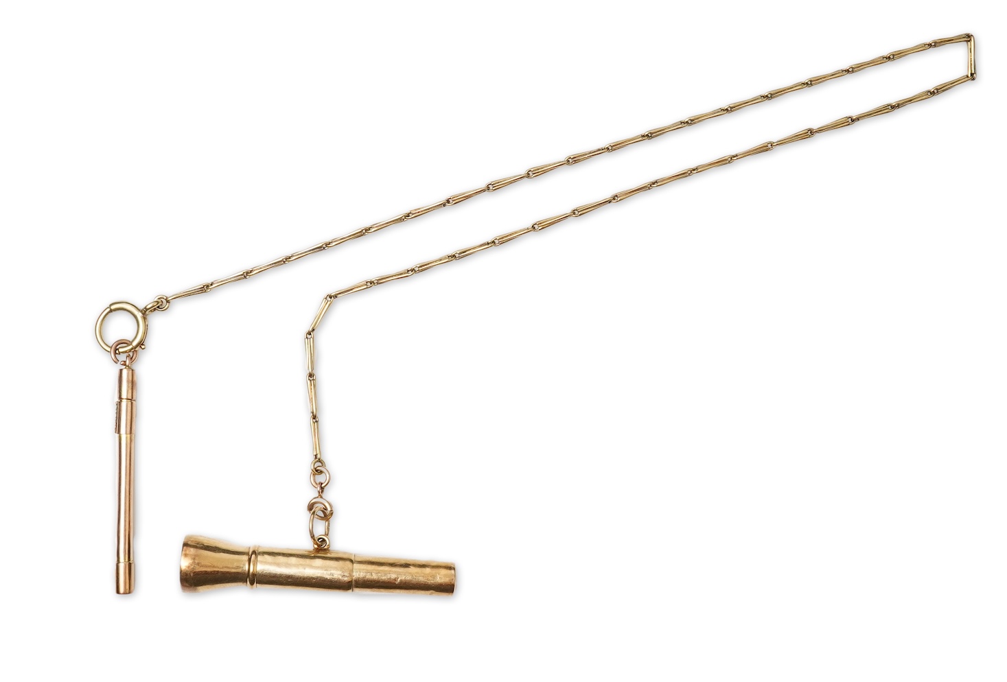 A gold chain, cigar piercer and toothpick, the chain of fancy linking, length approximately 36.5cm, stamped 14K, suspending a toothpick, length 5cm, stamped 9ct, and a cigar piercer, stamped 585, combined gross weight ap